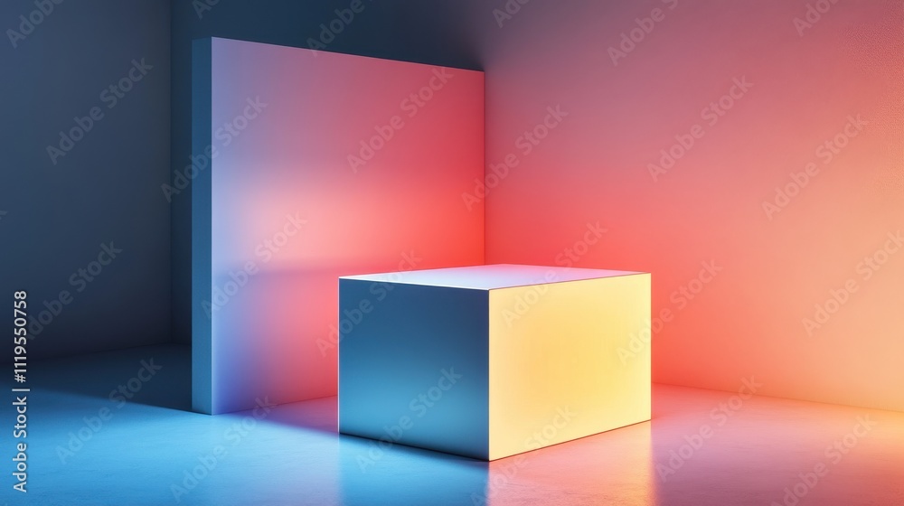 Abstract minimal scene with illuminated cube and plane, vibrant colors, studio lighting. Abstract minimal scene with illuminated cube and plane, vibrant colors, studio lighting.