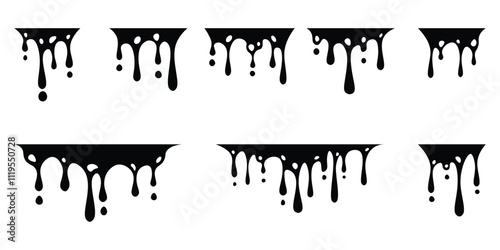 Paint dripping. Dripping inks. Dripping liquid. Paint splatter. Paint flows. Flowing liquid. Molten. Oil drop. Stencil drops. Vector illustration