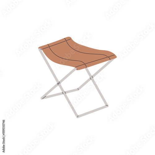 Folding stool icon. Fabric foldable chair for camping during hiking. Picnic seat for travel in nature. Trekking tool for halt, rest while journey. Flat isolated vector illustration on white background