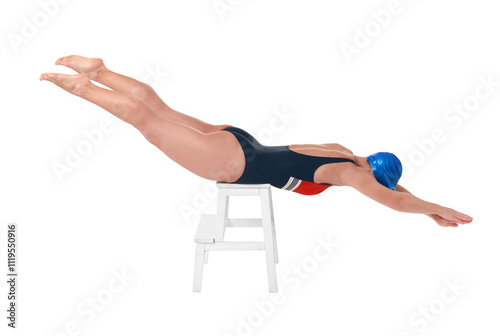 Professional sportswoman in swimsuit and cap practicing dryland swimming on white background photo