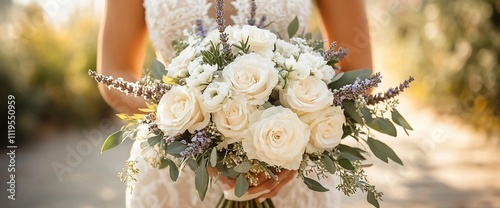 Bride holding a creamy white rose bouquet with lavender and eucalyptus.