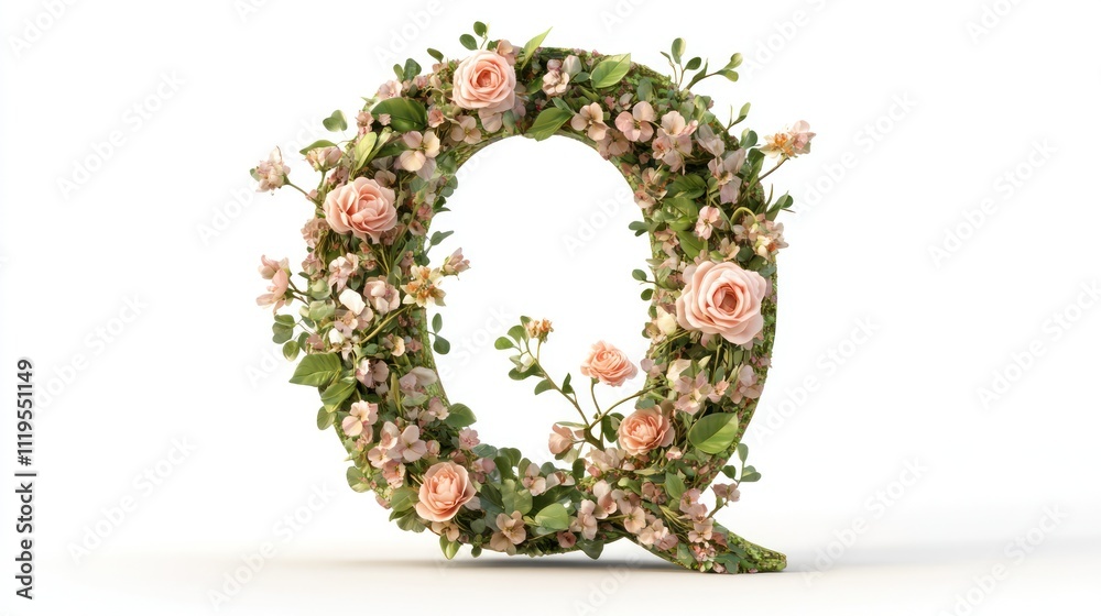 3D letter 'Q' decorated with lush blossoms, vines, and elegant leaves, detailed floral work,
