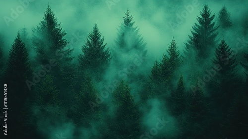 Mysterious foggy forest with evergreen trees.