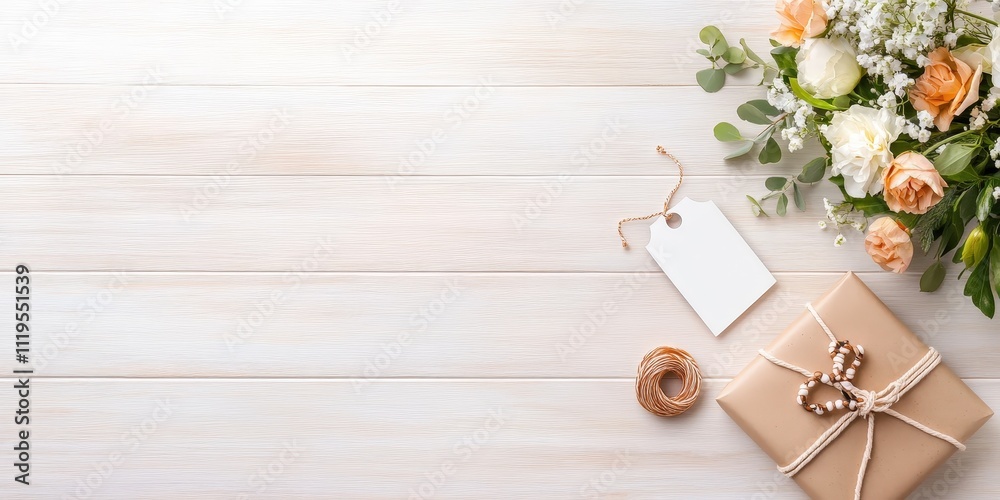 Stylish Flat Lay Image Featuring a Gift Box, Fresh Flowers, and Decorative Elements on a Wooden Surface for Unique Presentation Ideas Stylish Flat Lay Image Featuring a Gift Box, Fresh Flowers, and Decorative Elements on a Wooden Surface for Unique Presentation Ideas