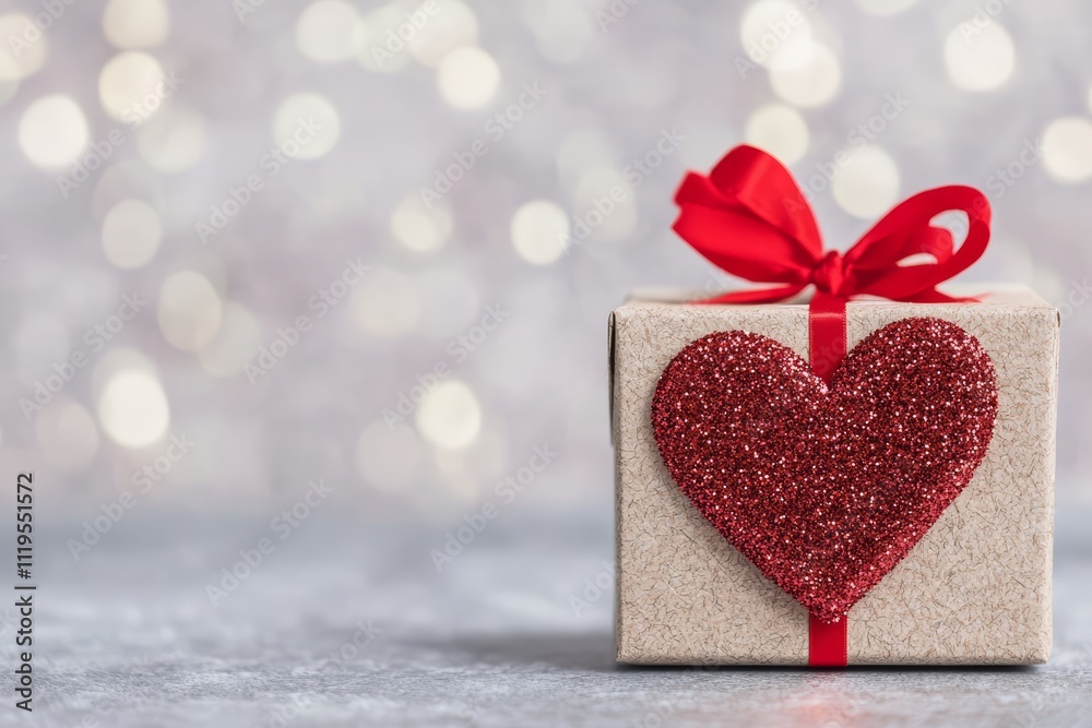 Red Glitter Gift Box with Ribbon and Heart Decoration on Rustic Backgroun Red Glitter Gift Box with Ribbon and Heart Decoration on Rustic Backgroun
