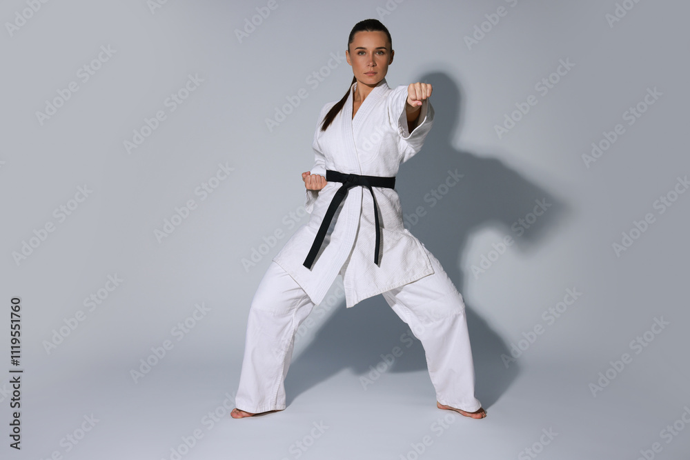 Young woman in kimono practicing karate on grey background Young woman in kimono practicing karate on grey background