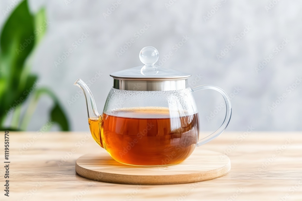 Transparent Glass Teapot with Freshly Brewed Tea on Minimalist Light Background Transparent Glass Teapot with Freshly Brewed Tea on Minimalist Light Background