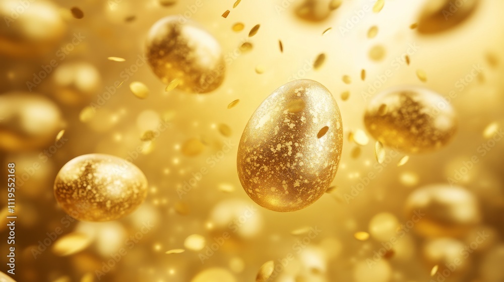 These shimmering golden eggs create a captivating scene filled with glamour and a sense of magic and surprise.