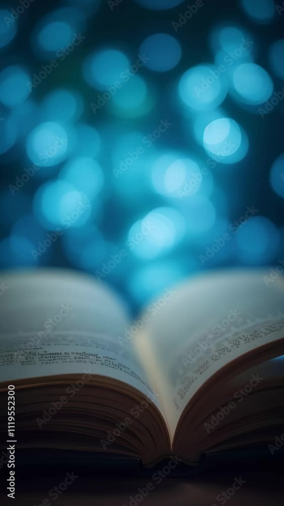 An open book with a blurred blue bokeh in the background, evoking a sense of knowledge, imagination and wonder in a soft, dreamy atmosphere. An open book with a blurred blue bokeh in the background, evoking a sense of knowledge, imagination and wonder in a soft, dreamy atmosphere.