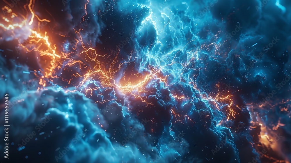 This photo depicts a striking abstract image of a blue and black background illuminated by multiple lightning strikes