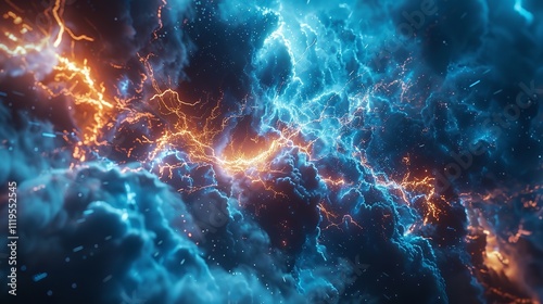 This photo depicts a striking abstract image of a blue and black background illuminated by multiple lightning strikes