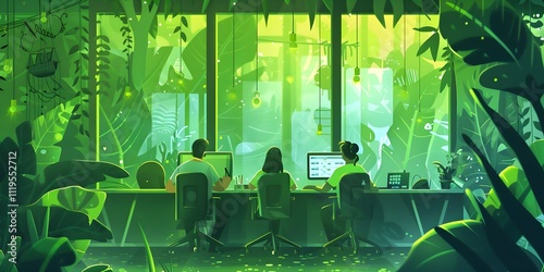 Bright and Spacious Office with Green Garden View and Comfortable Design
