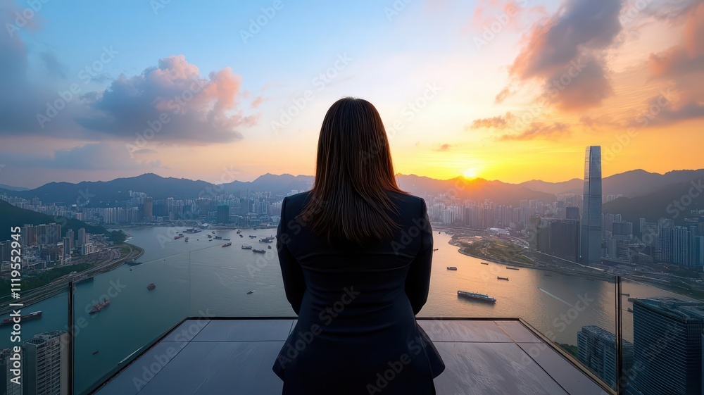 Fototapeta premium Vibrant financial district at golden hour, symbolizing economic windfall and prosperity, modern architecture with bustling success energy