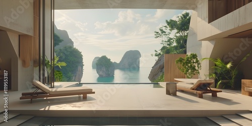 modern living room with sea view 