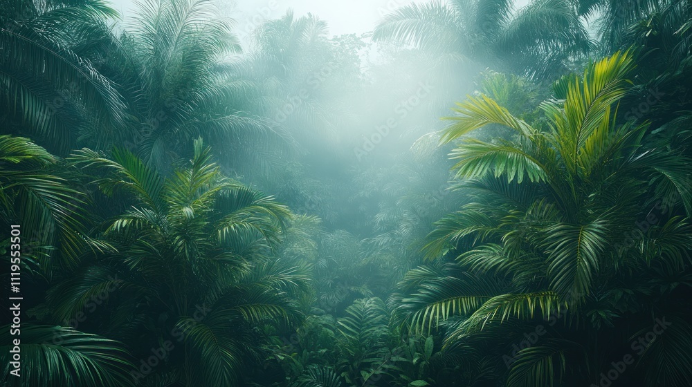 Mystical fog shrouds lush, vibrant jungle. Mystical fog shrouds lush, vibrant jungle.