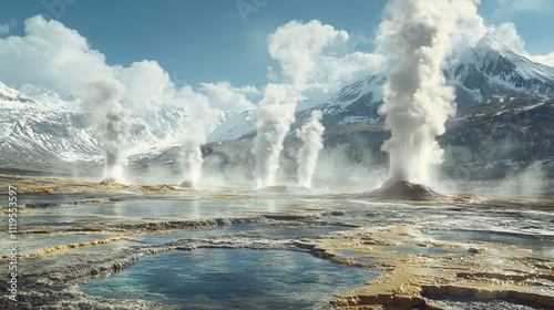 A landscape with a large body of water and a mountain range in the background. The water is surrounded by a brown area, and there are three large geysers spewing steam and water into the air