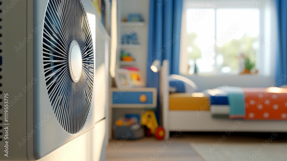 Cozy bedroom with a fan providing comfort and bright decor during the afternoon Cozy bedroom with a fan providing comfort and bright decor during the afternoon