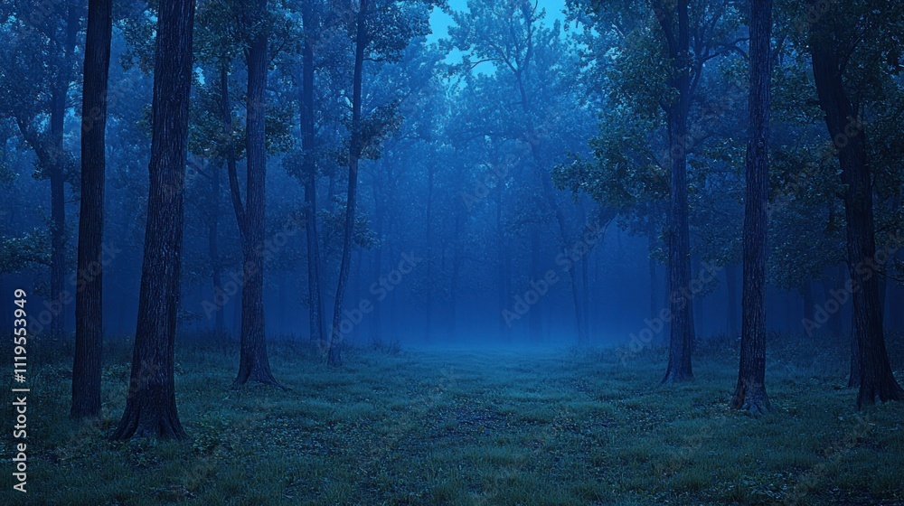 Fototapeta premium Mystical blue forest path at twilight.