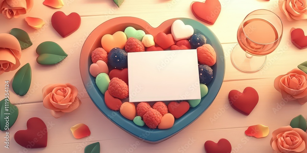 Heart-Shaped Plate Displaying Colorful Candies and Chocolates Surrounded by Roses and Decorative Elements for Romantic Occasions Heart-Shaped Plate Displaying Colorful Candies and Chocolates Surrounded by Roses and Decorative Elements for Romantic Occasions