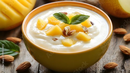 A Joyful Breakfast Scene Featuring Creamy Soy Yogurt with Fruits and Nuts in a Sunlit Kitchen