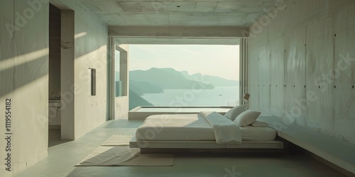 Minimalist Bedroom with Large Windows and Ocean View
