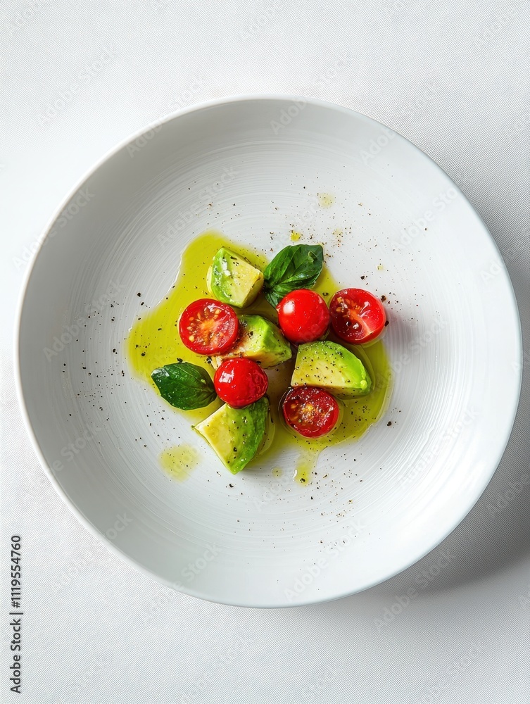 A fresh salad featuring avocado, cherry tomatoes, and basil drizzled with olive oil.