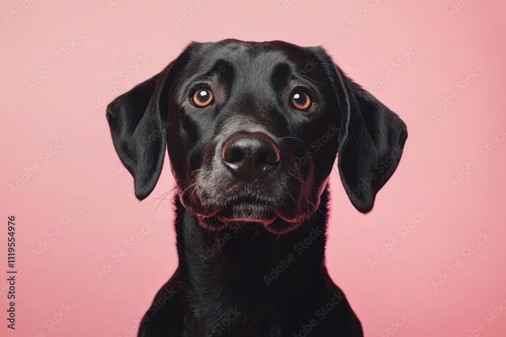 A dog portrait presented over a pink background in a panoramic layout. A dog portrait presented over a pink background in a panoramic layout.