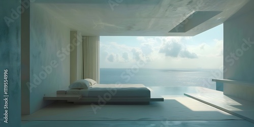 Modern Bedroom with Bed and Panoramic Ocean View
