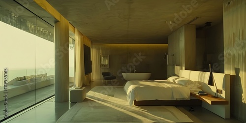 A bedroom with a bed and a window that has a view of the ocean
