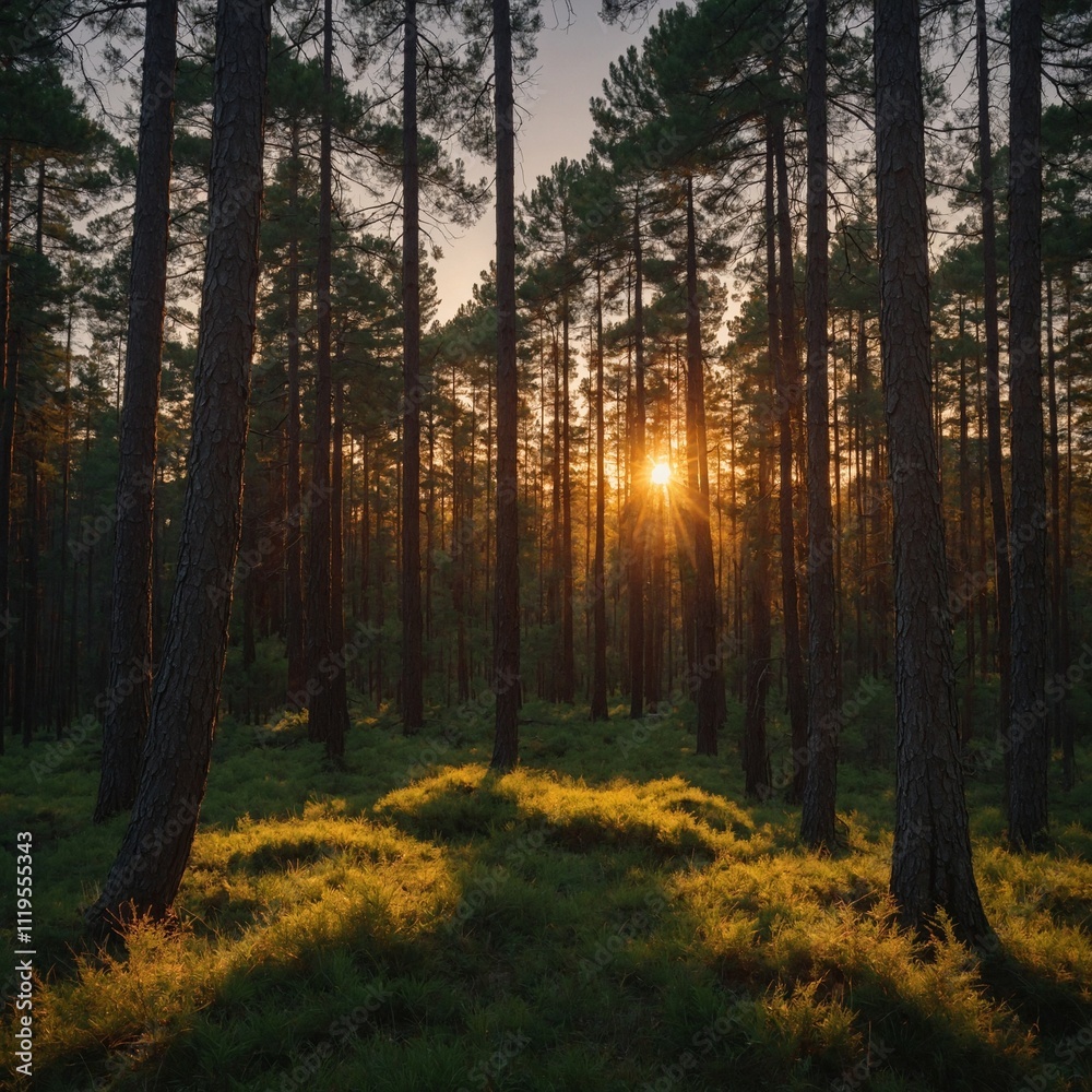 A sunset in an open glade surrounded by towering pines. A sunset in an open glade surrounded by towering pines.