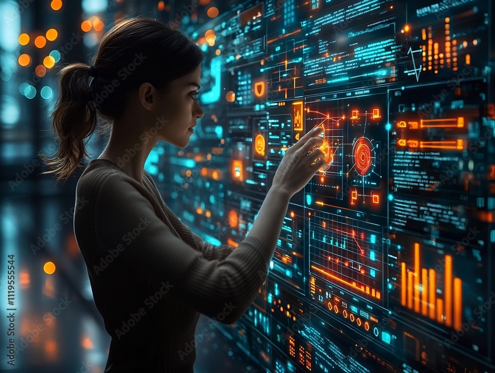 Futuristic Insurance Agent Assessing Company Liability with Holographic Tools and Digital Graphs Futuristic Insurance Agent Assessing Company Liability with Holographic Tools and Digital Graphs