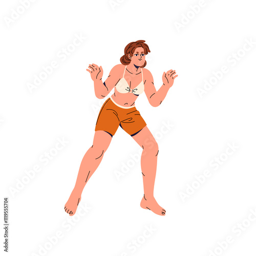Happy girl in bikini plays beach volleyball. Young woman in swimsuit stands, prepares hands to catch ball. People have fun on coast in summer. Flat isolated vector illustration on white background