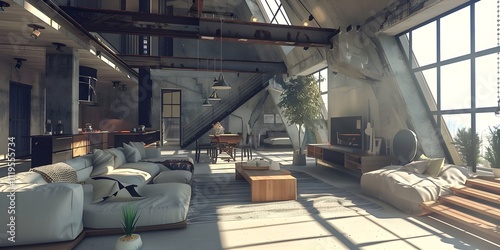 Loft living room interior design with white sofa
