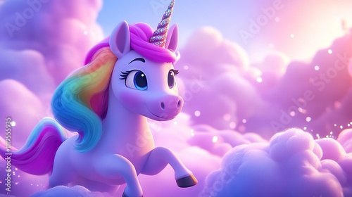 Adorable rainbow unicorn prancing on fluffy clouds in a magical sky. photo