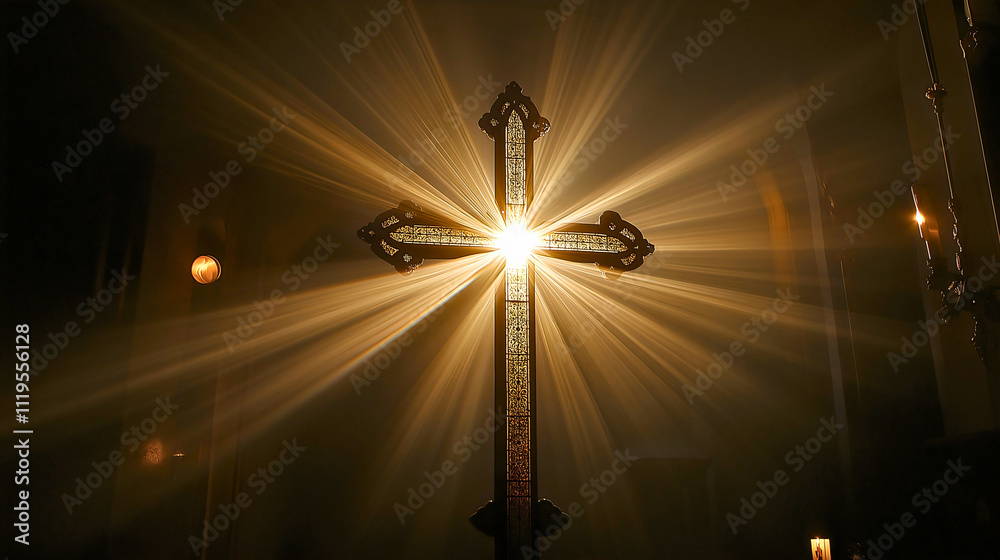 Naklejka premium A Sacred Cross Illuminated by Divine Rays, Casting Ethereal Light and Symbolizing Faith, Hope, and Spiritual Serenity in a Tranquil, Peaceful Atmosphere