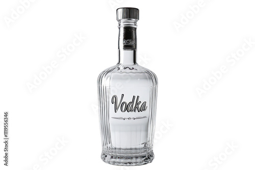 Classic transparent vodka bottle with label and cap on transparent background