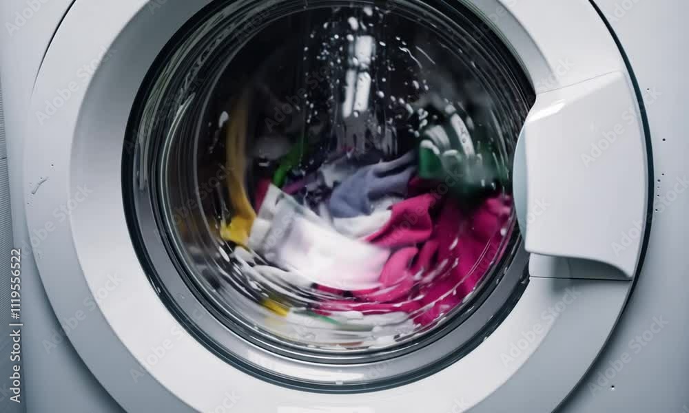 Inside a washing machine, clothes spin in soapy water. Inside a washing machine, clothes spin in soapy water.