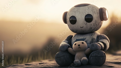 Rusty robot and teddy bear sharing a quiet moment in a sunlit abandoned space.