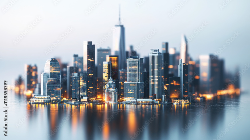 Obraz premium The New York City skyline at night, featuring lit-up skyscrapers, set against a blank white background, representing a concept of urban landscape and architectural design.