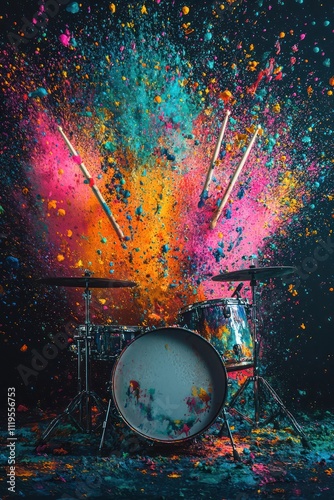 A drum with drumsticks surrounded by bright paint splashes.