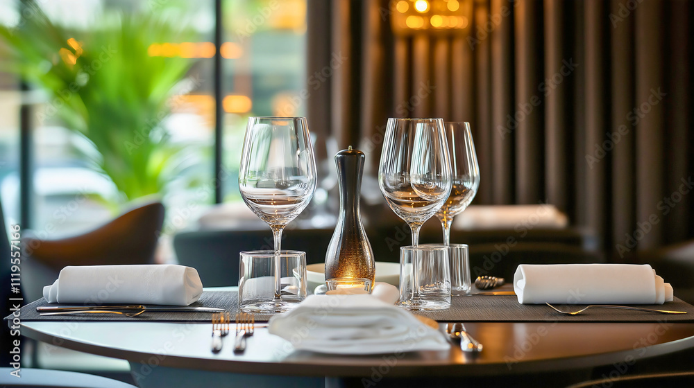 Fototapeta premium Elegant Restaurant Dining with Upscale Table Setting, Fine Glassware, Green Plants, and Modern Decor for a Sophisticated Culinary Experience in a Romantic Atmosphere
