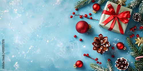 Blue Christmas frame border with spruce tree branches and holiday decorations. Festive template, mockup
