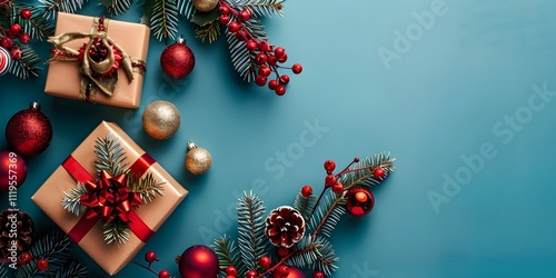 Decorative Christmas Ornaments and Gift on a Blue Background for Holidays
