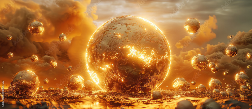 A sun in muted, warm colors, its surface covered in intricate cracks that softly illuminate with a sense of joy. The sun is surrounded by glowing orbs of light. A sun in muted, warm colors, its surface covered in intricate cracks that softly illuminate with a sense of joy. The sun is surrounded by glowing orbs of light.