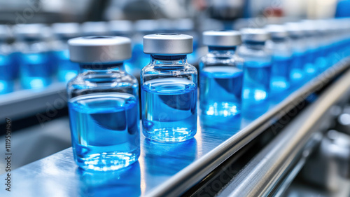 A close-up of transparent vaccine bottles on a conveyor belt in a pharmaceutical production line, featuring sharp details and clarity.