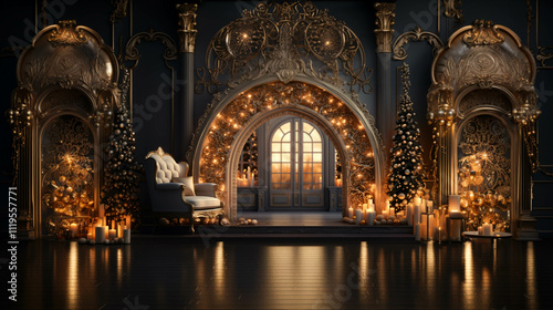 Christmas tree and illuminated light arc in the living room gate elegant decoration