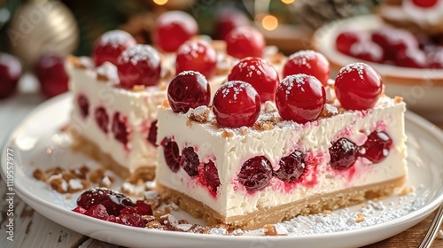 A Christmas cherry cheesecake bar, served on a festive table with a full cheesecake and cup in the background.