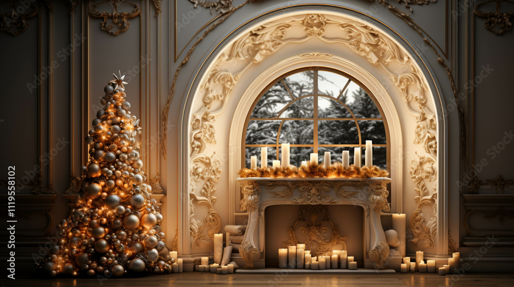 Fototapeta premium Christmas tree and illuminated light arc in the living room gate elegant decoration