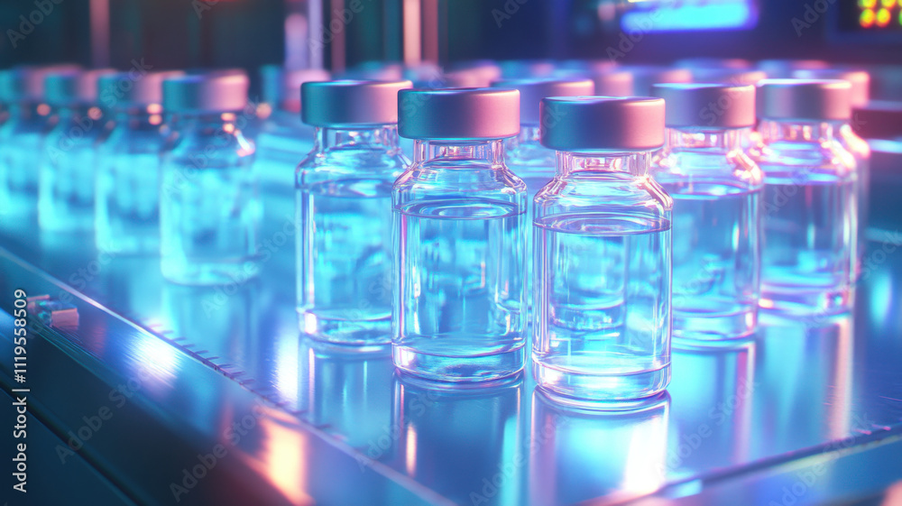 A close-up of transparent vaccine bottles on a conveyor belt in a pharmaceutical production line, featuring sharp details and clarity. A close-up of transparent vaccine bottles on a conveyor belt in a pharmaceutical production line, featuring sharp details and clarity.