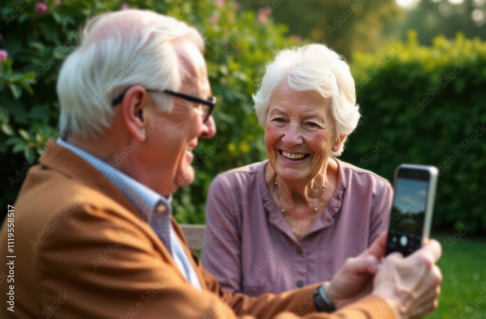 Elderly couple enjoying outdoor moments with smartphone Elderly couple enjoying outdoor moments with smartphone